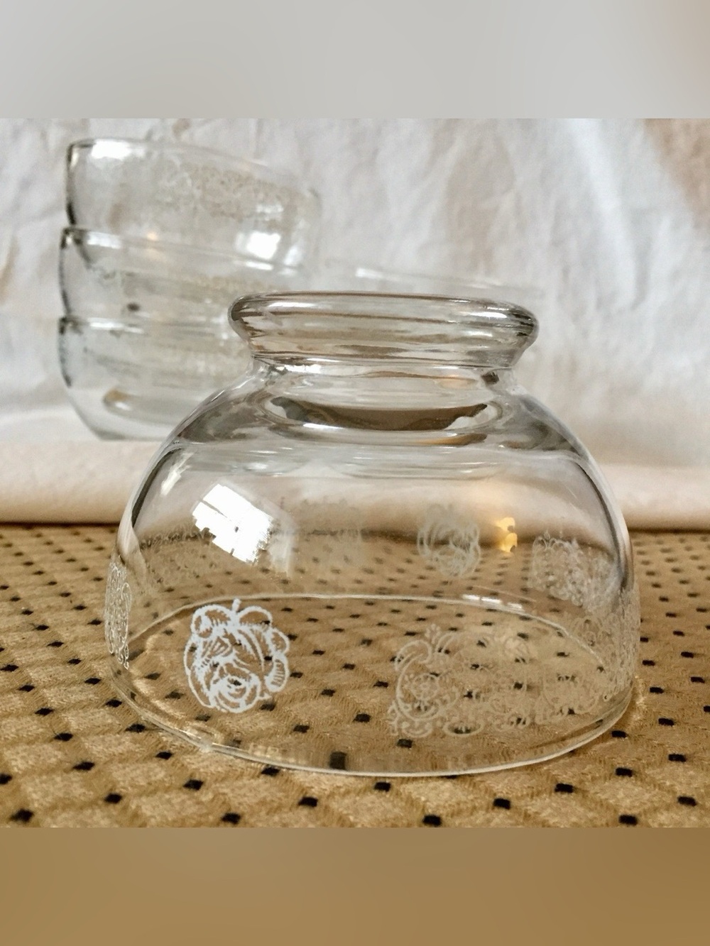 🌹Set(6) Vintage White Lace Rose Custard Dessert Bowls Dominion Style Glass Clear